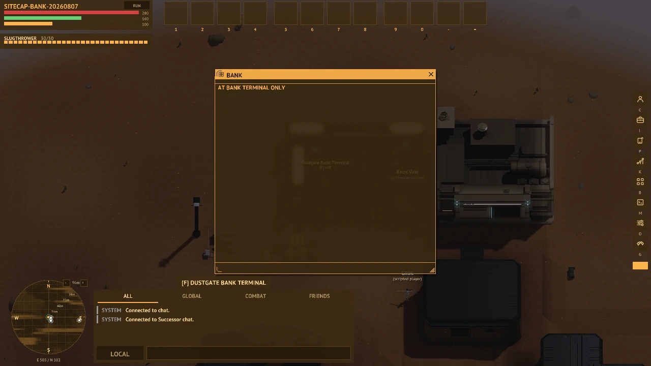 The bank window open at the Dustgate terminal in the native client.