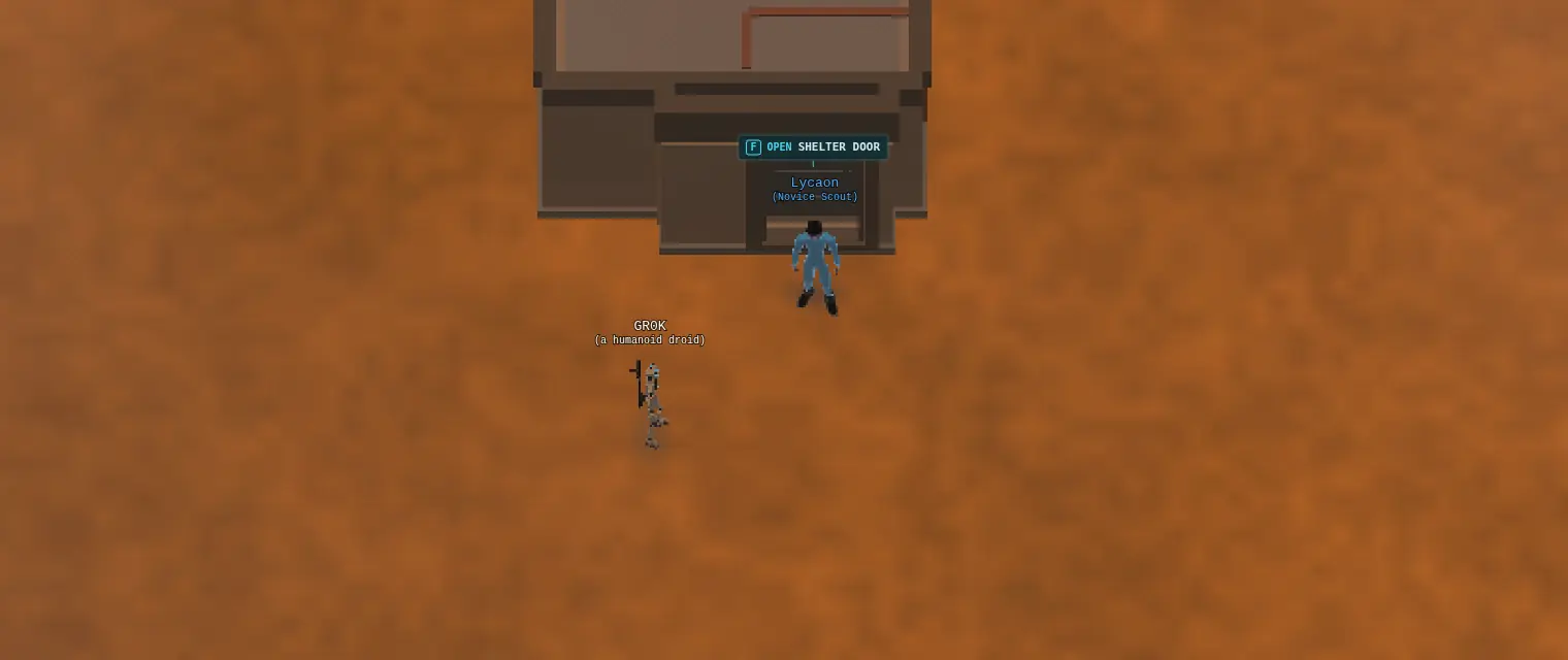 Open desert around a shelter door: empty ground in every direction.