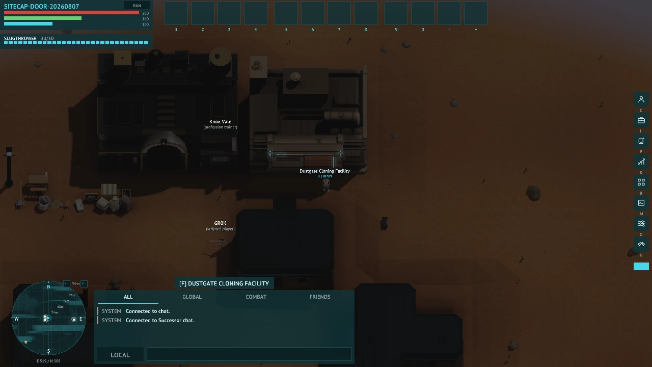 The Dustgate Cloning Facility door with a live [F] OPEN prompt in the native client.