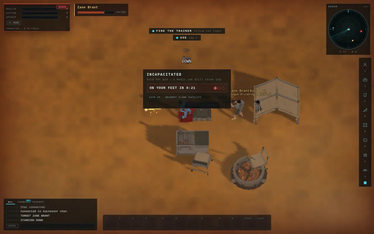 A downed player lies in the sand while an incapacitated panel counts down.